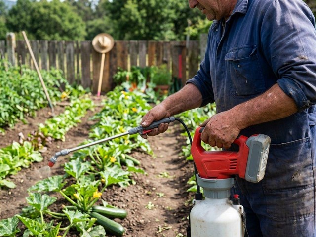 Cada planta del huerto recibe una dosis más uniforme con pulverizadores a batería en Pontevedra