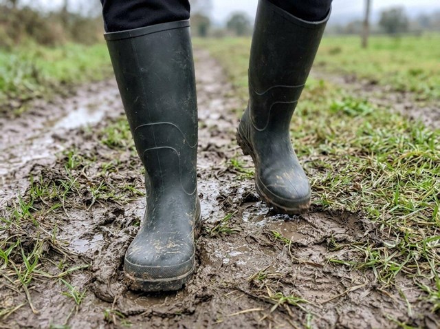 Más agarre en el barro de la pradera con botas y katiuskas Dunlop y Rouchette en Cerdedo-Cotobade - Imagen 1
